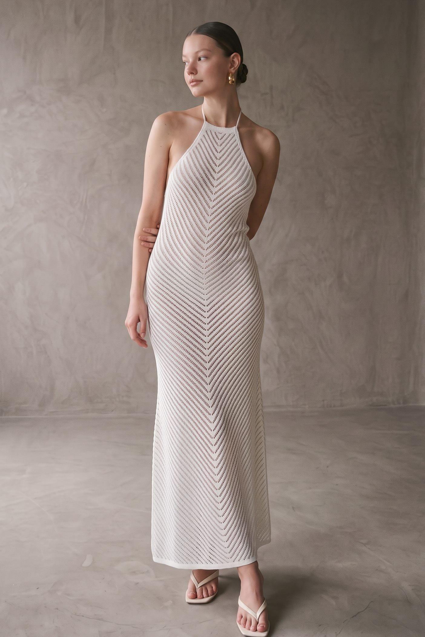 A Chevron Patterned Crochet Style Knit Maxi Dress Featuring A Halter Neckline Wi (Knit) image