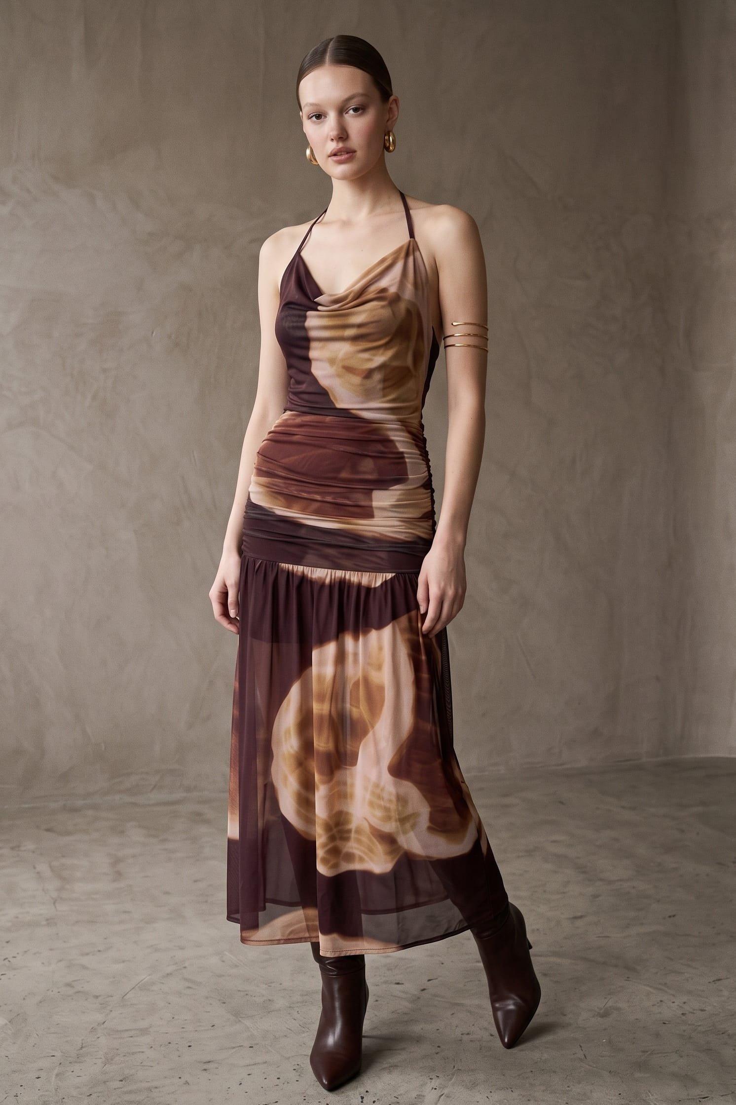 An Abstract Tie Dye Style Mesh Set Featuring A Cowl Neck Halter Top With Tie Bac (Mesh) image