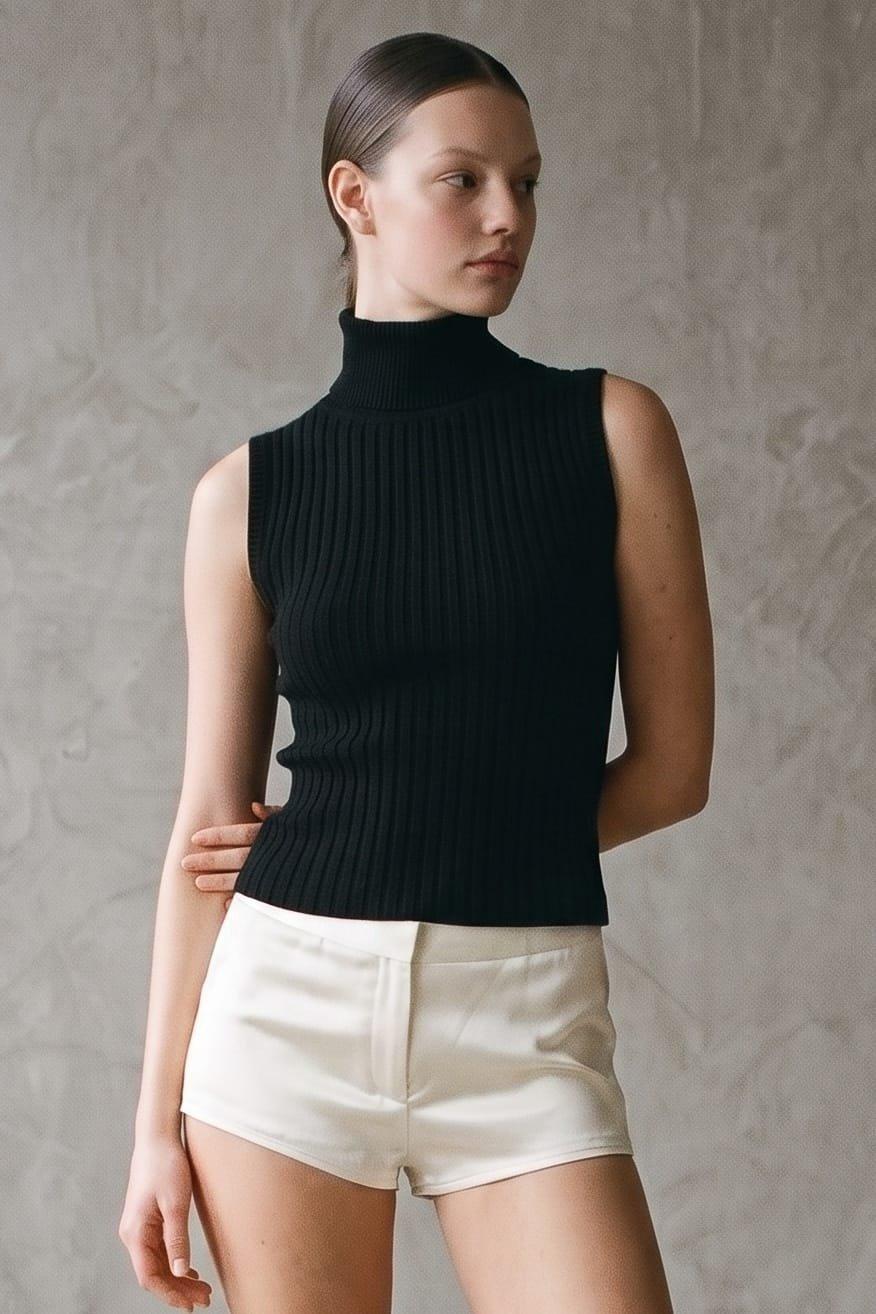 A Ribbed Knit Tank Top Featuring A Fitted Turtleneck And A Bold Open Back Cutout (Turtleneck) image