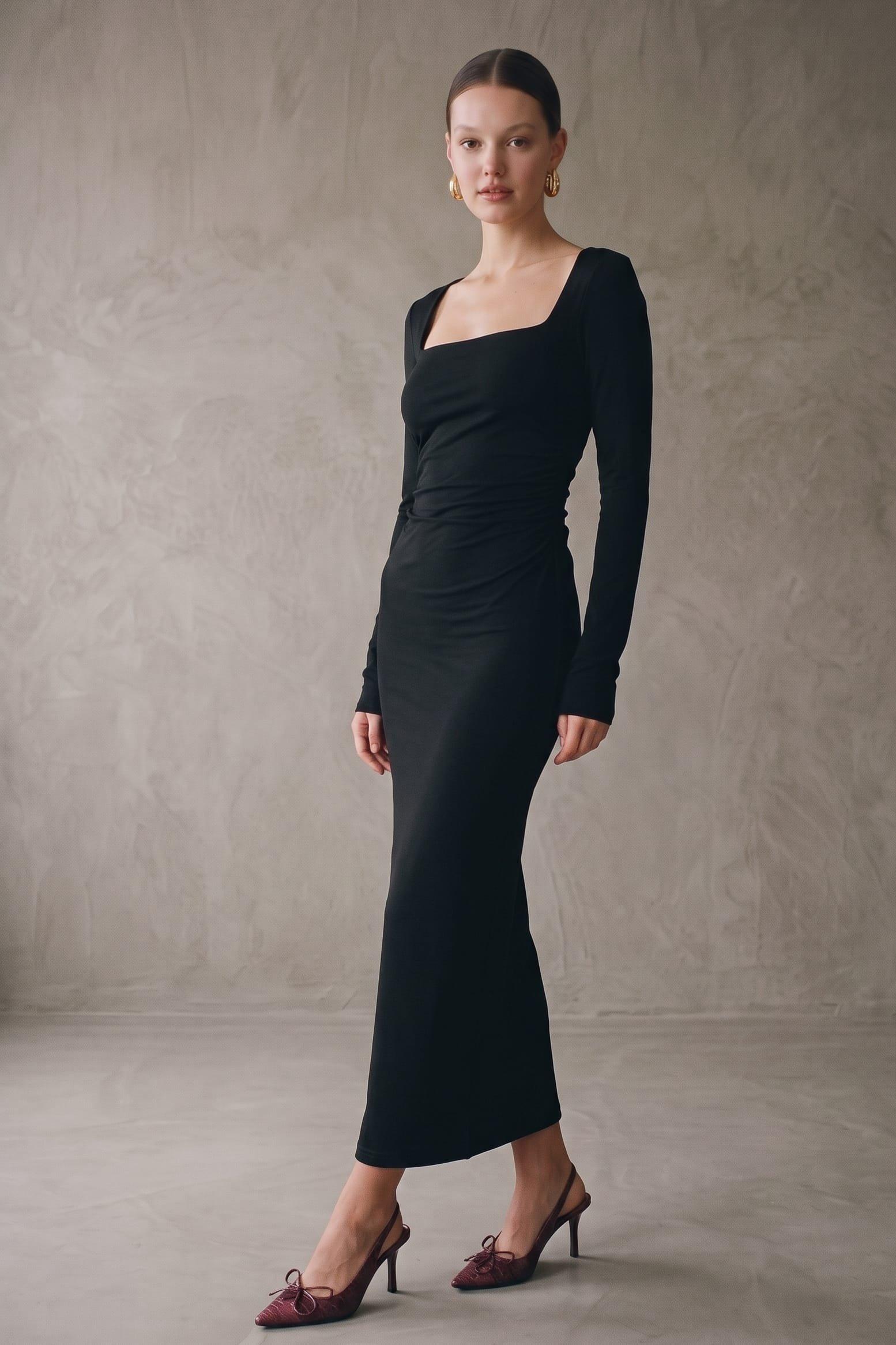 A Sleek Fitted Maxi Dress Featuring A Structured Square Neckline And Long Fitted (Square) image