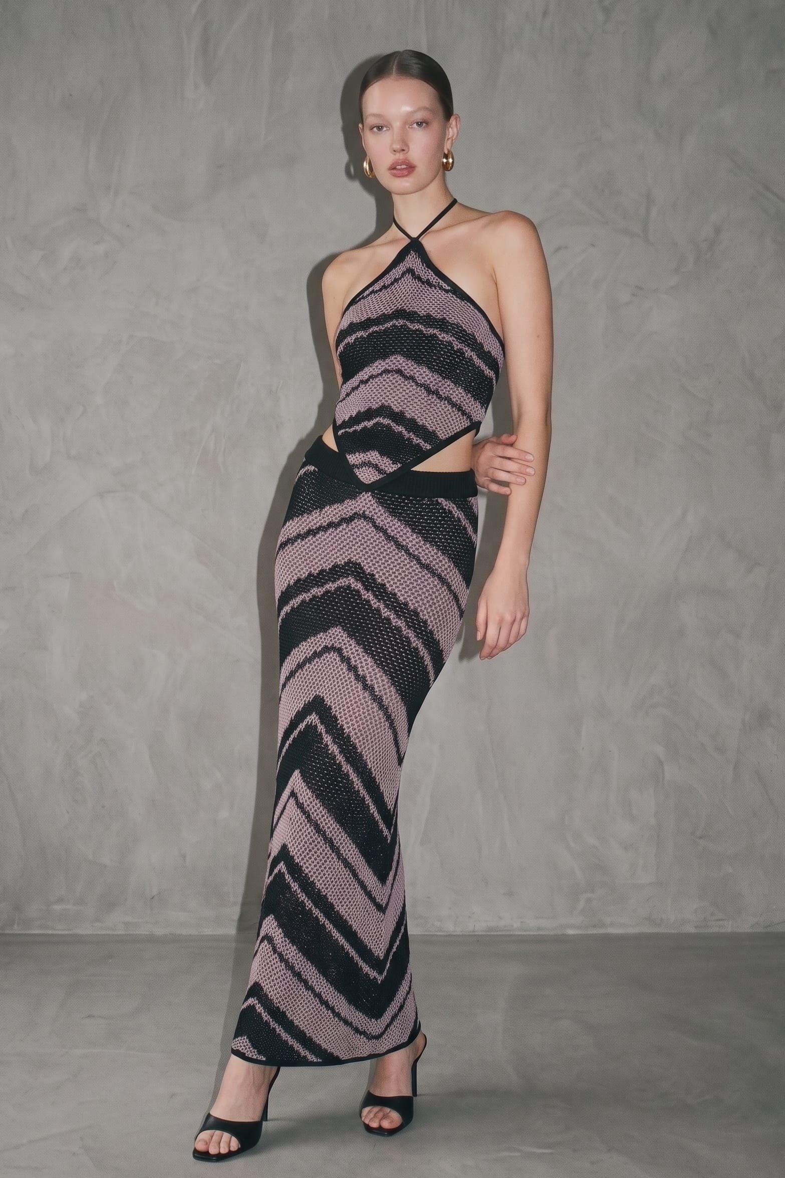 A Crochet Knit Two Piece Set Featuring A Chevron Striped Pattern In A Soft Mauve (Crochet) image