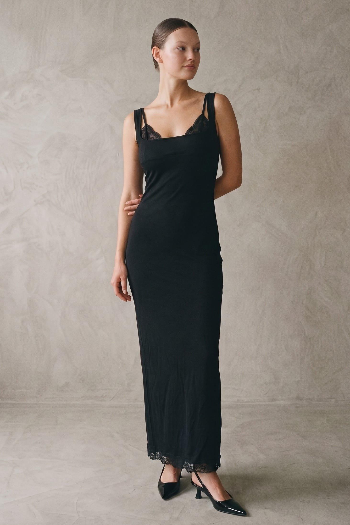 A Fitted Maxi Dress Featuring A Square Neckline With Peekaboo Lace Bra Detailing (Peekaboo) image