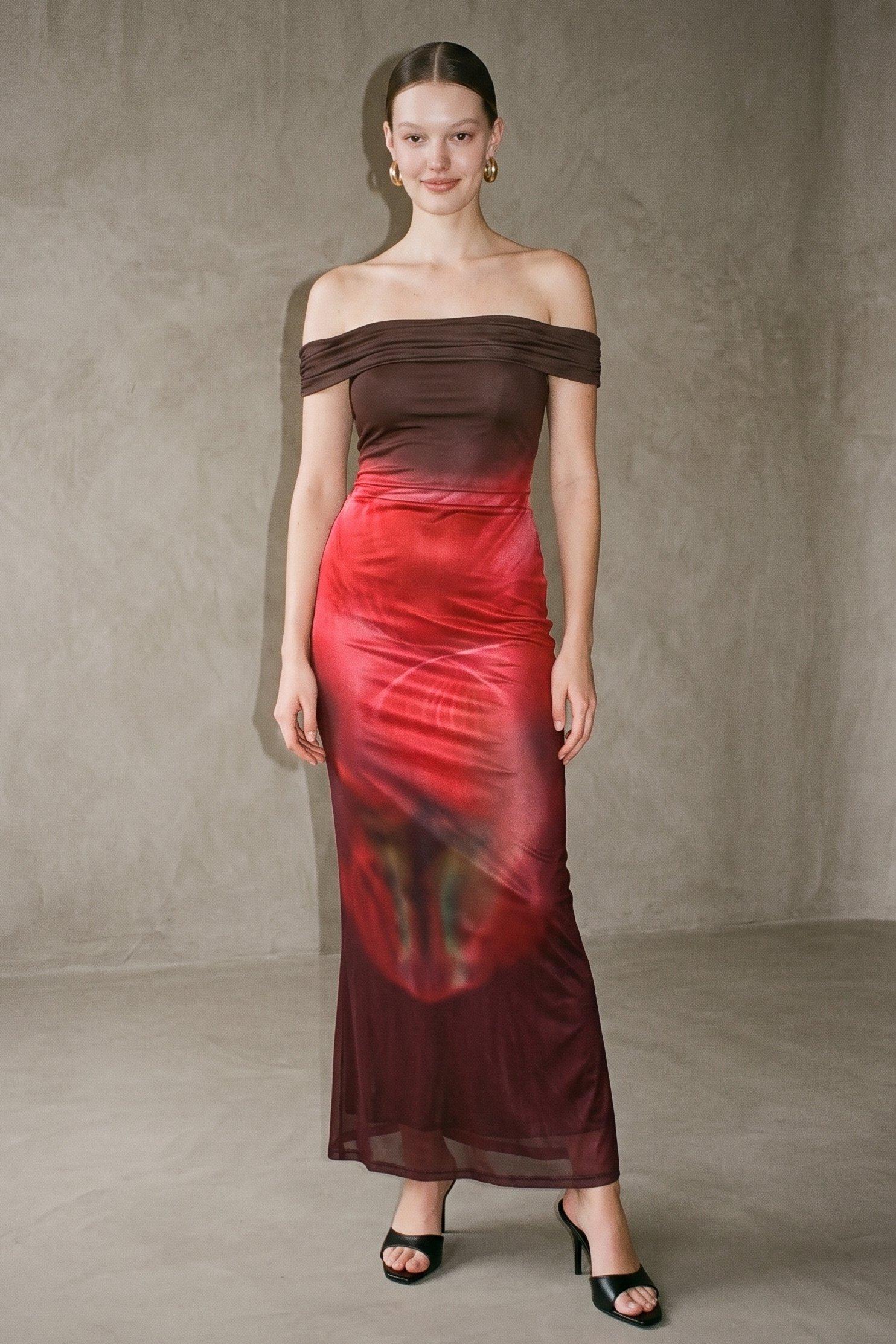 An Abstract Floral Printed Mesh Maxi Dress Featuring A Fitted Off Shoulder Neck (Floral) image