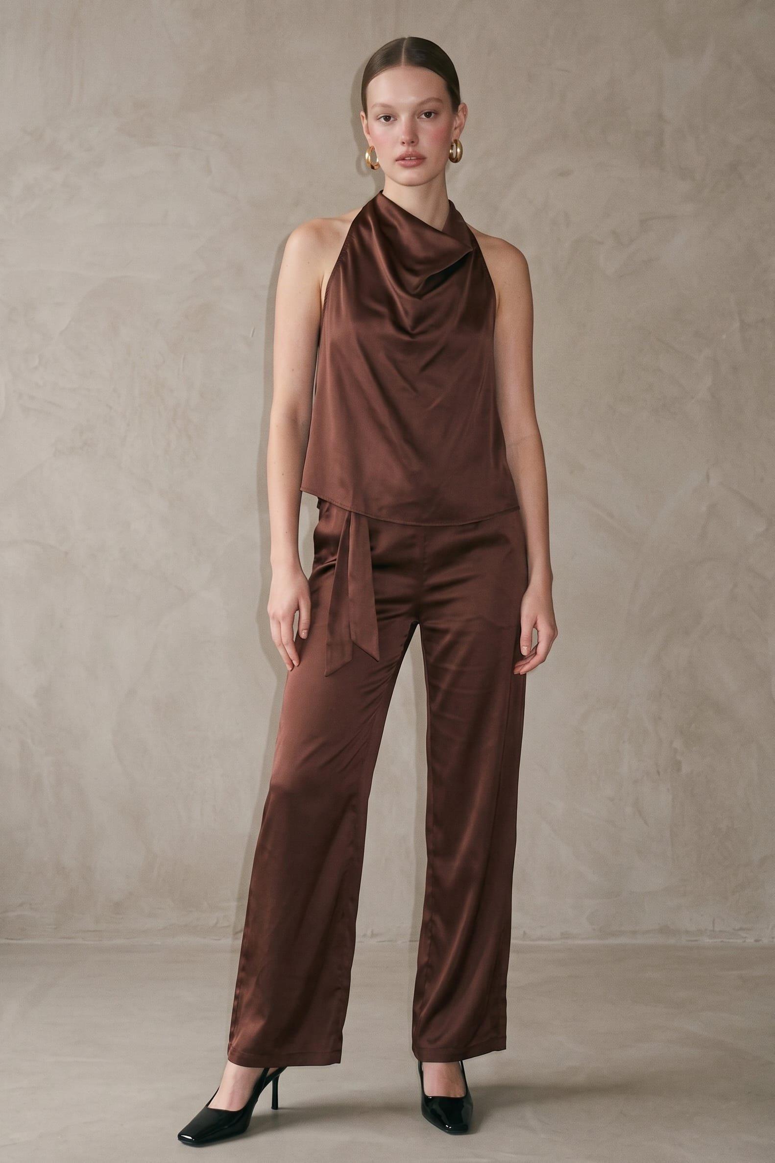A Satin Two-Piece Set Featuring A Draped Cowl Neckline And Dramatic Open Back To (Satin) image