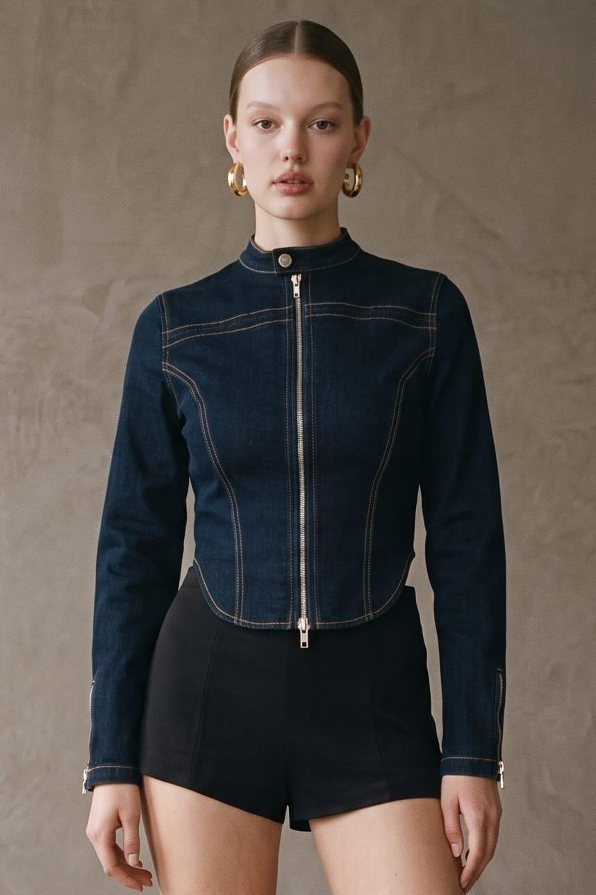 A Fitted Denim Moto Jacket Featuring A Stand Collar And Front Zip Closure With C (Denim) image