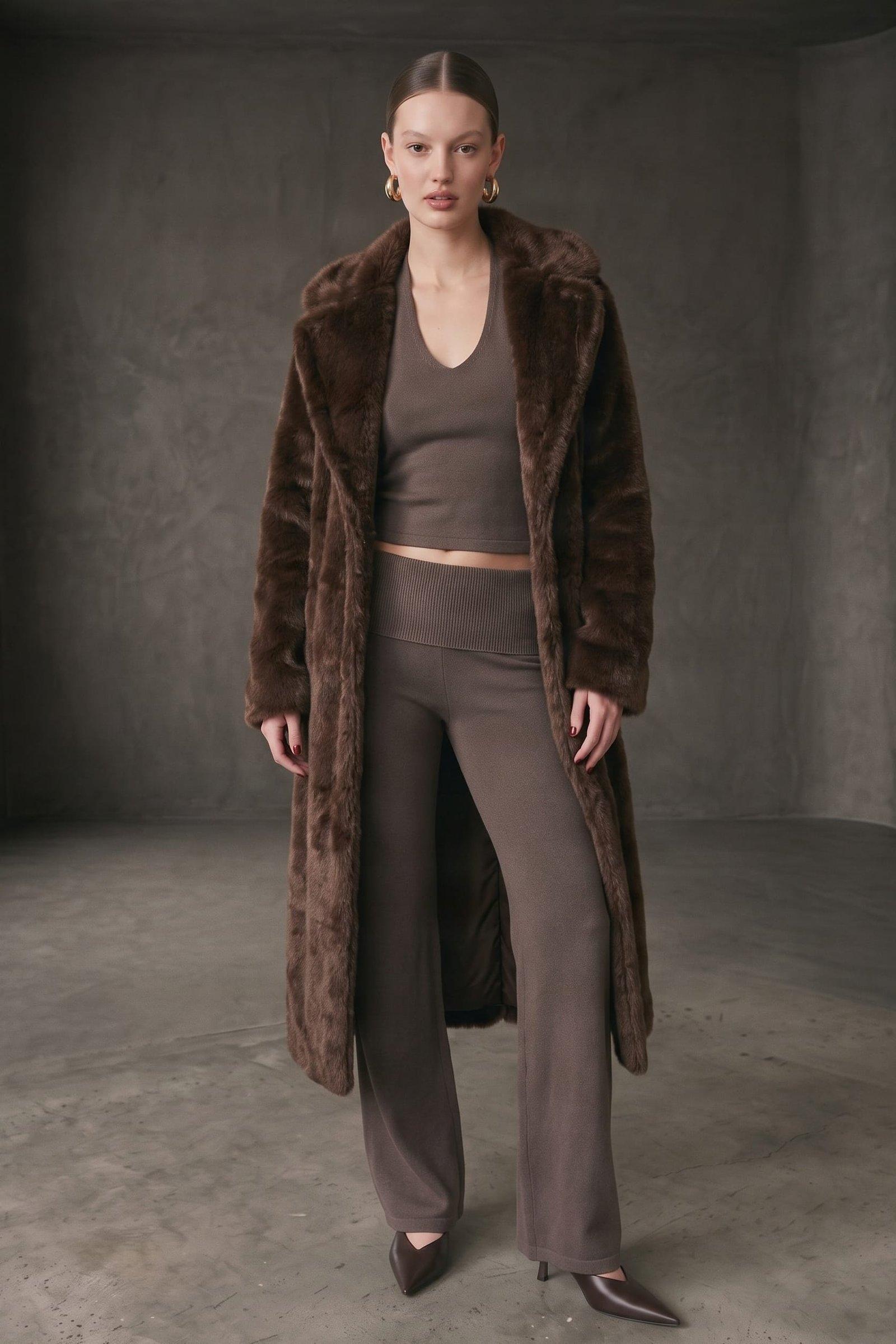 A Long Faux Fur Coat With An Oversized Shawl Collar And An Open, Unstructured Fr (Faux) image