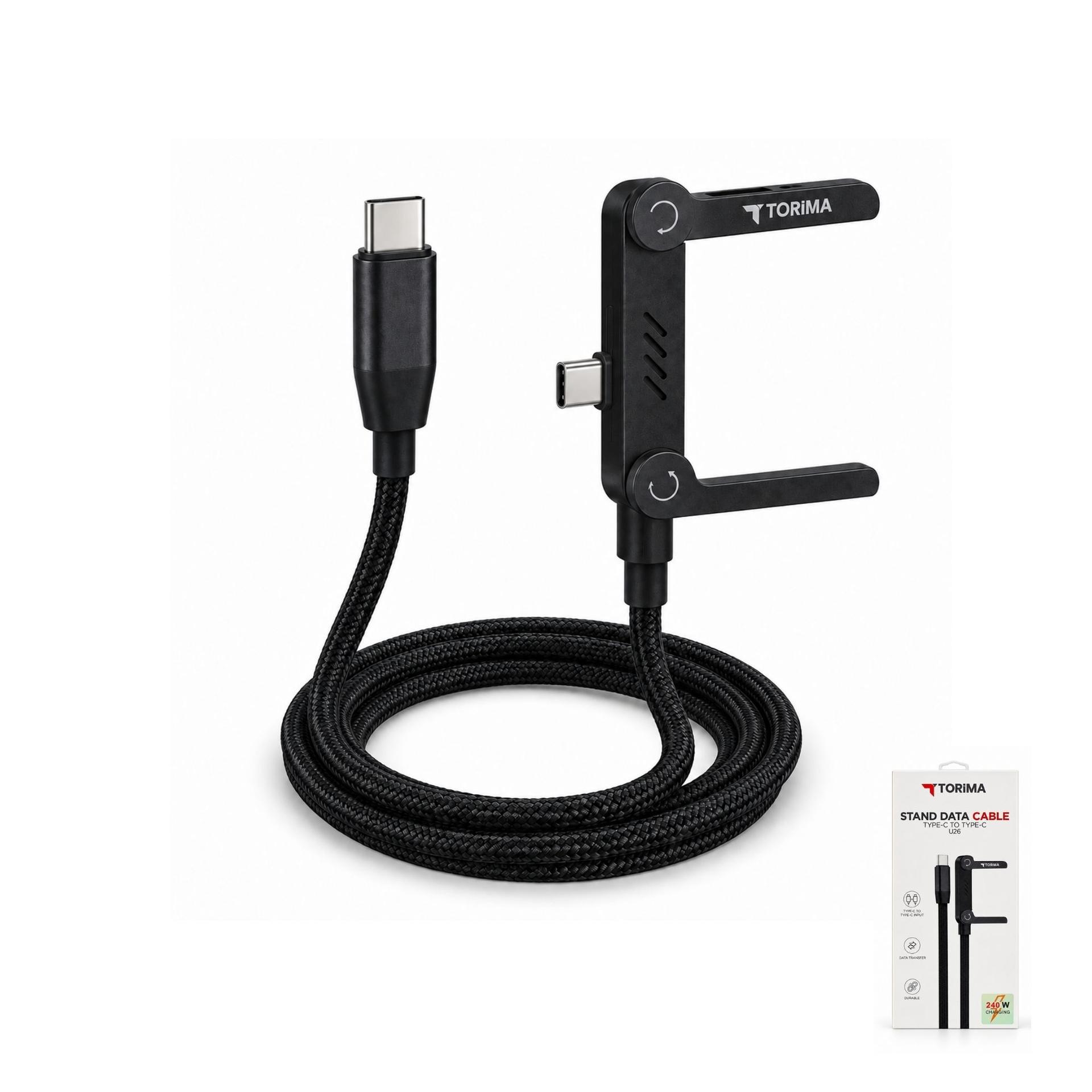 U26C-C-TORIMA type-C to type-C charging and data cable, black. Box lists zinc alloy, aluminum and TPE braided cable image
