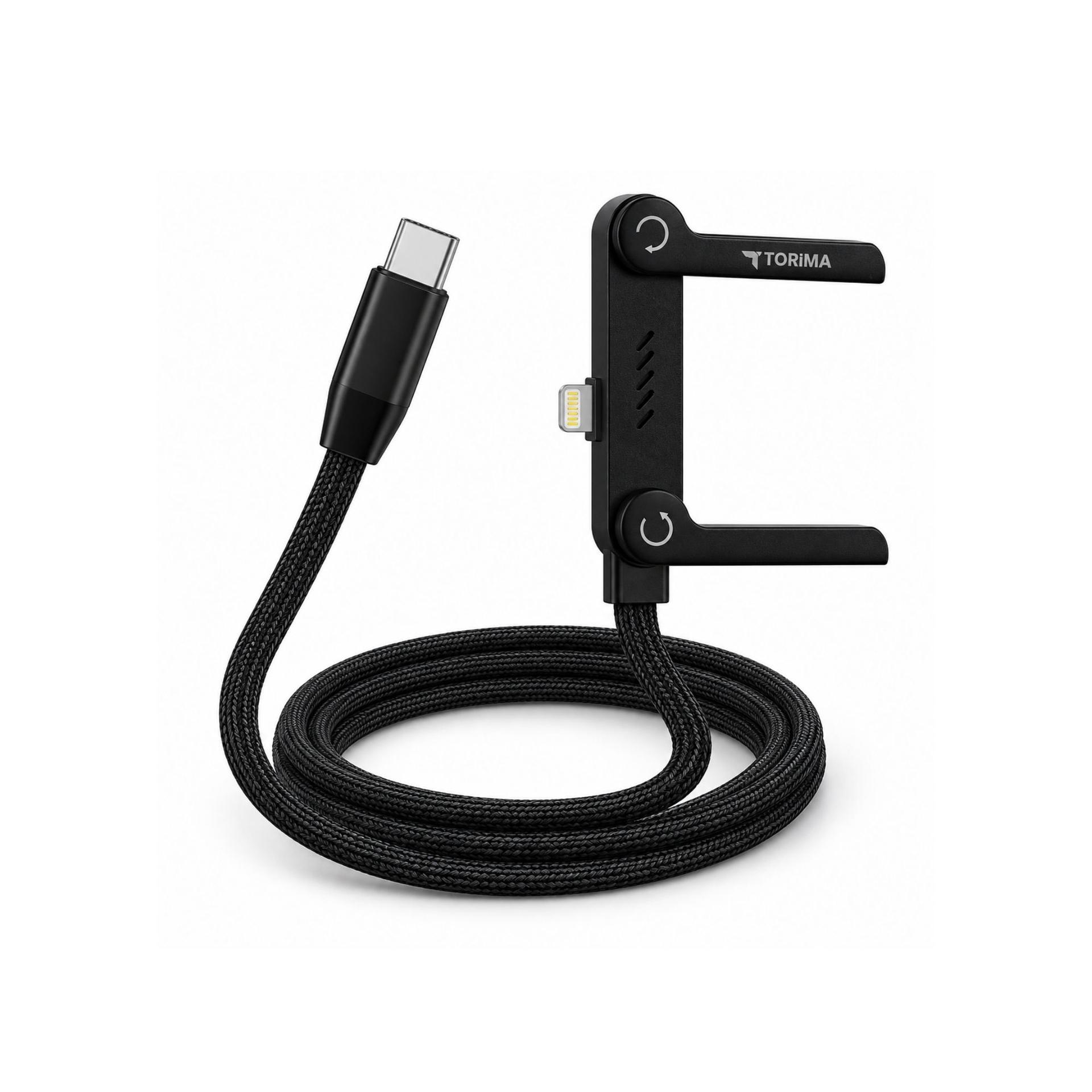 U26C-L-TORIMA USB-C to lightning charging and data cable, black. Box lists zinc alloy, aluminum and TPE braided cable image