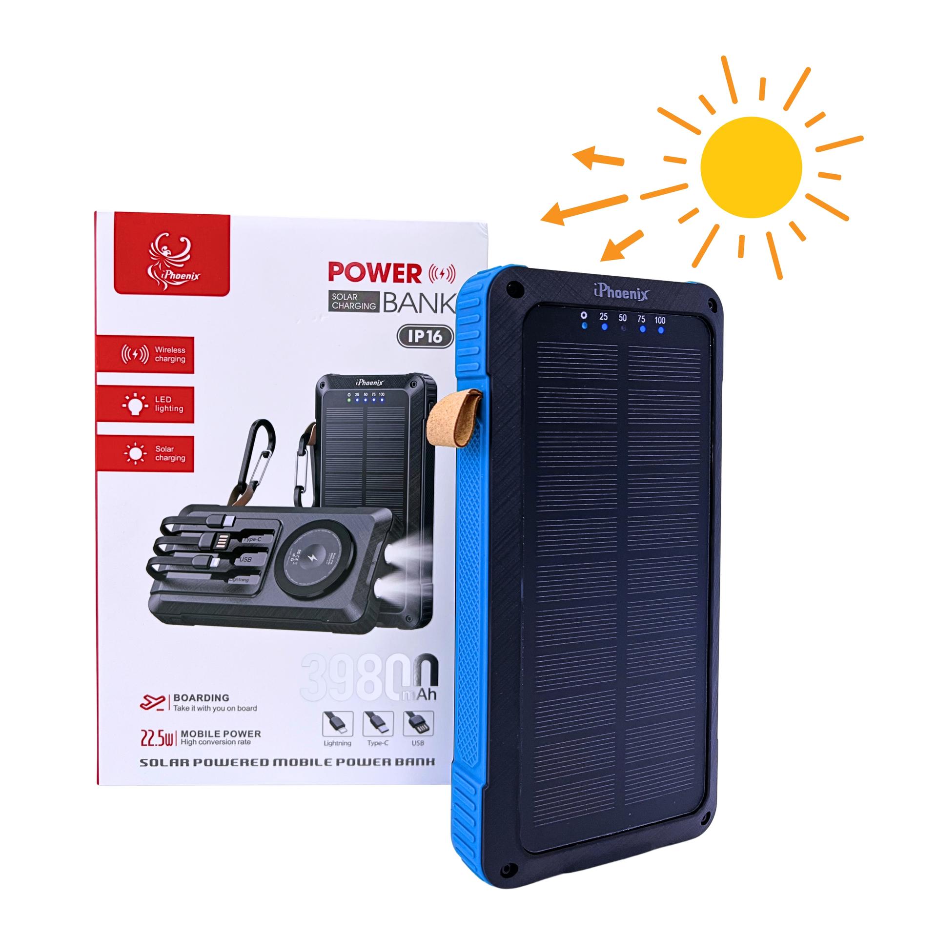 IP-16 Portable Power Bank with 39800mAh Wireless Magnetic Solar Charging Flashlight Stand for Cellphone - Blue image