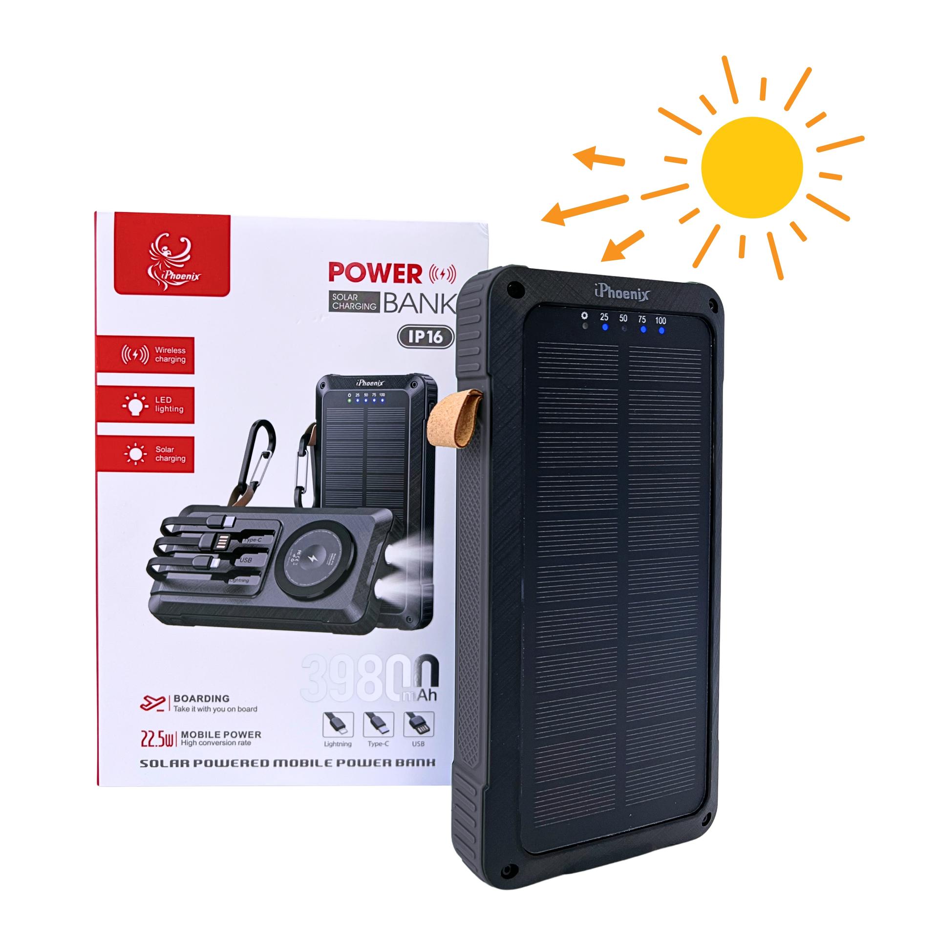 IP-16 Portable Power Bank with 39800mAh Wireless Magnetic Solar Charging Flashlight Stand for Cellphone - Black image