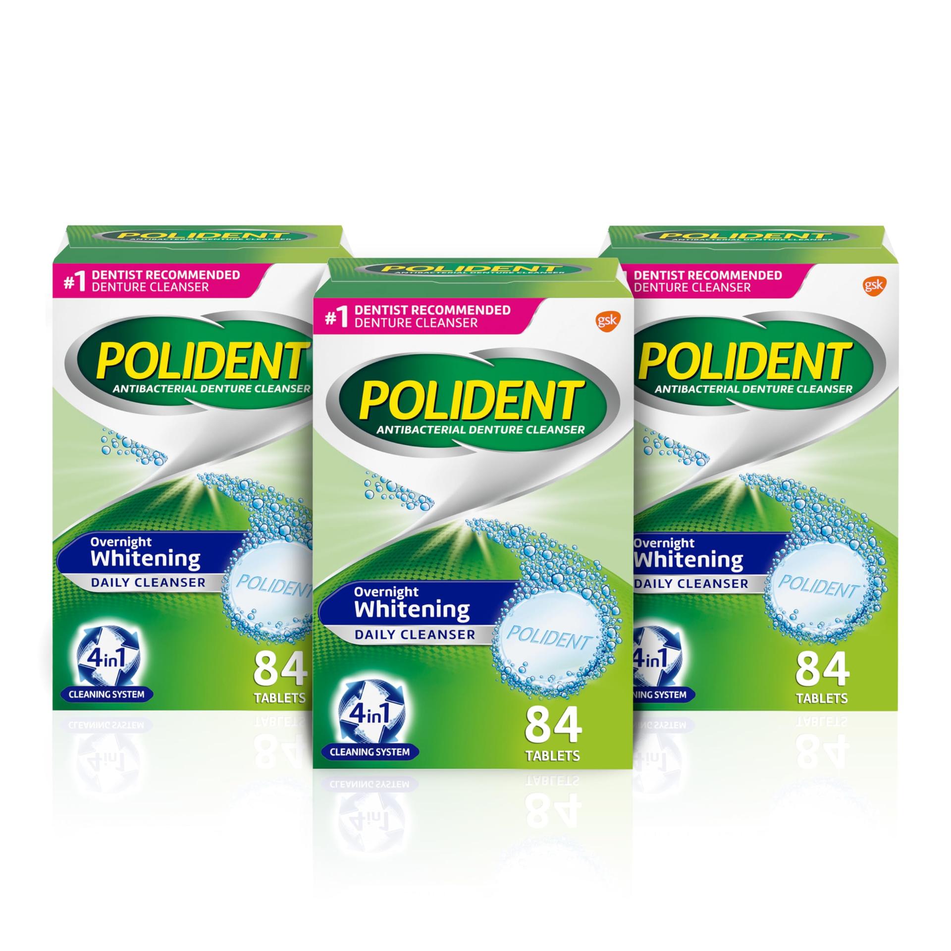 Polident Overnight Whitening Denture Cleanser Tablets, 84 Count, Pack Of 3 image