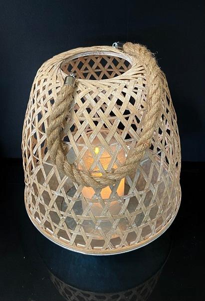  WOOD LATTICE LANTERN W/ ROPE HANDLE 13.50"X15" image