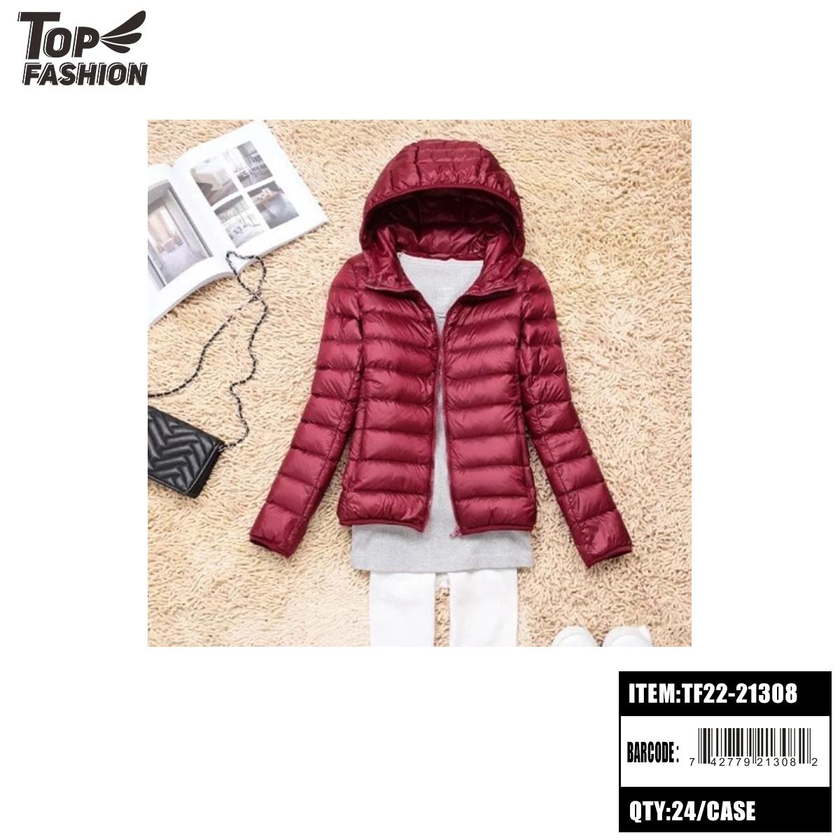 WOMENS BURGUNDY DRAWSTRING HOODED PADDED DOWN JACKET 12PC/C image