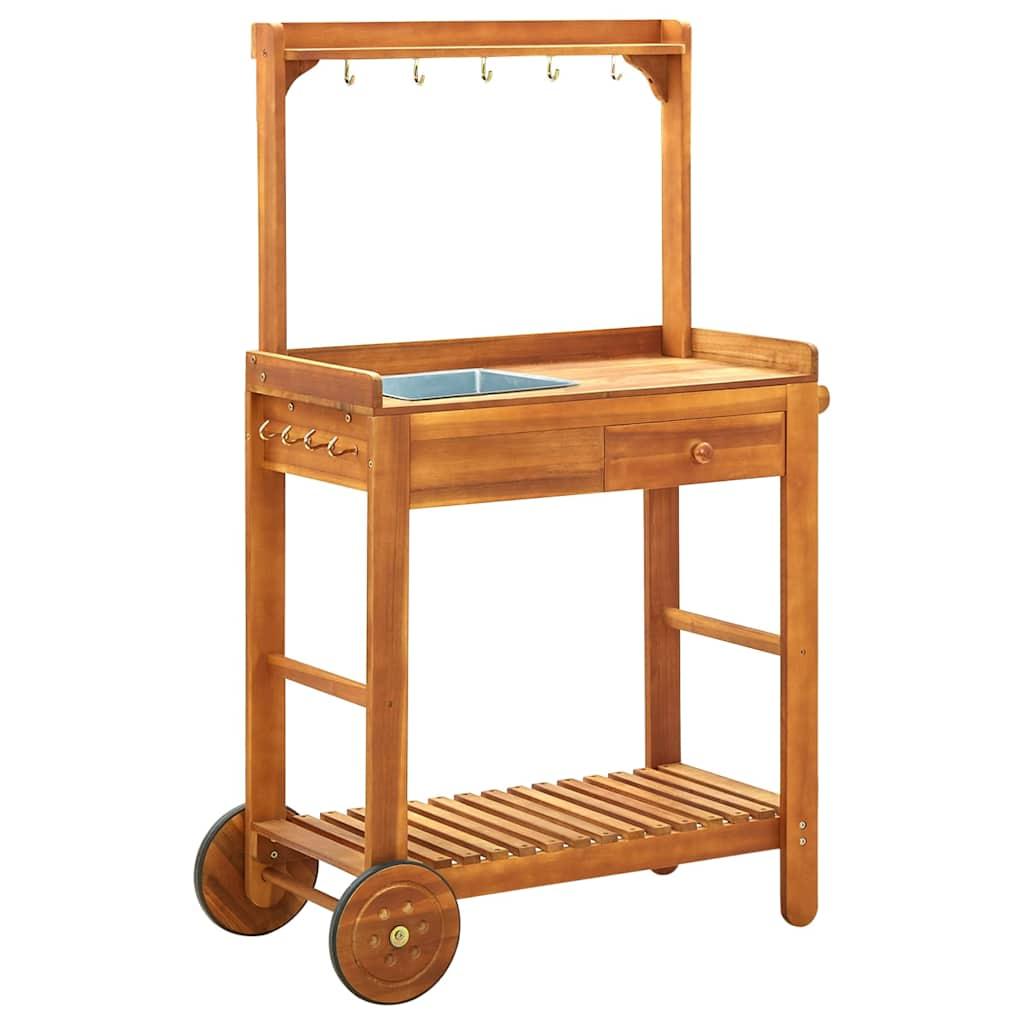 vidaXL Garden Kitchen Trolley Solid Acacia Wood 36.2 Inchx17.1 Inchx55.7 image