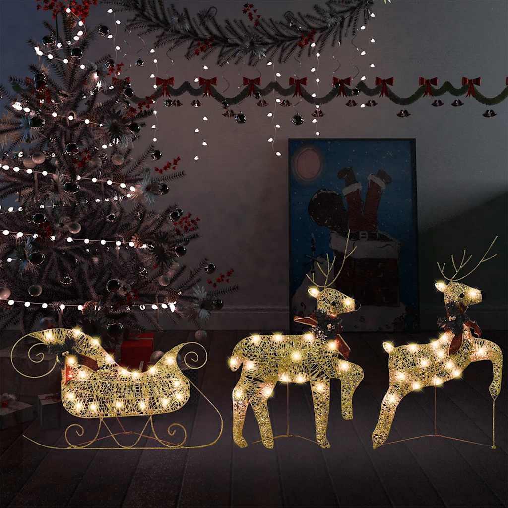 vidaXL Reindeer & Sleigh Christmas Decoration 60 LEDs Outdoor Gold image