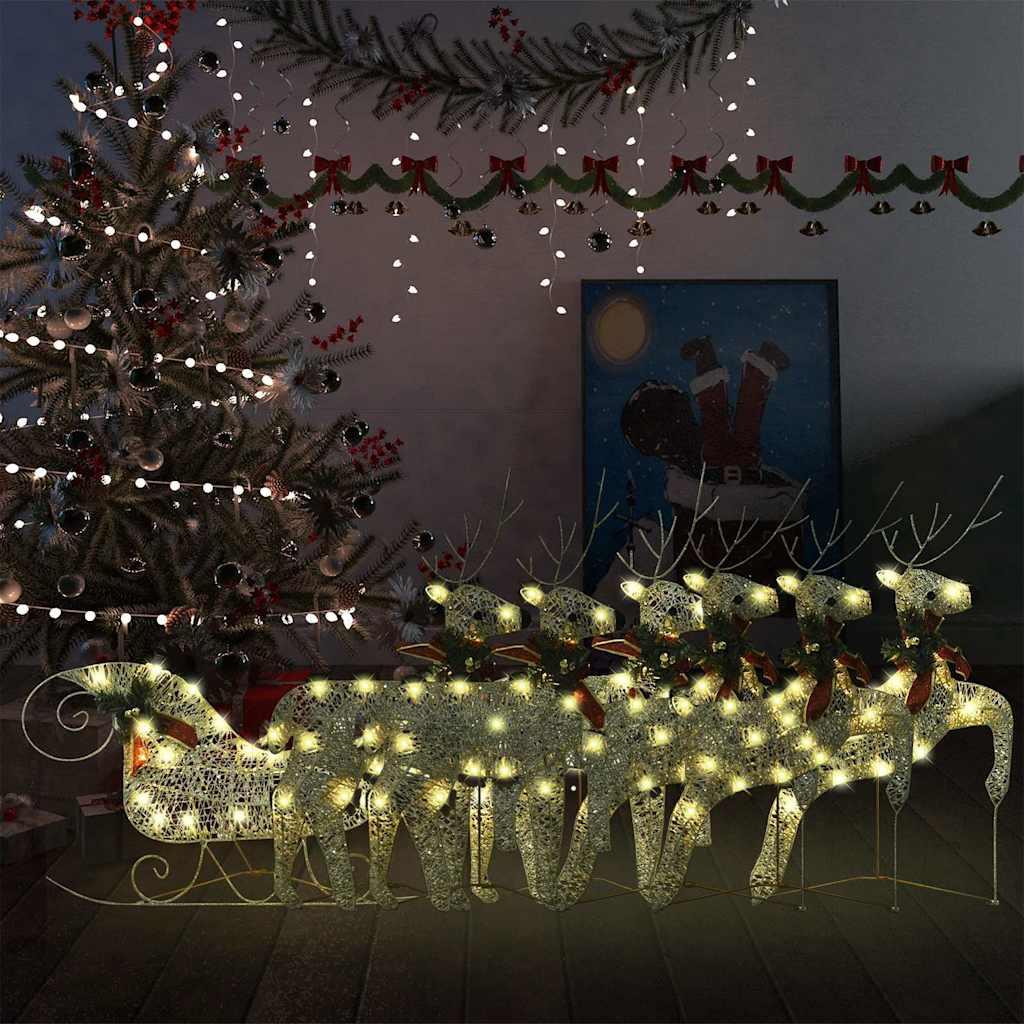 vidaXL Reindeer & Sleigh Christmas Decoration 140 LEDs Outdoor Gold image