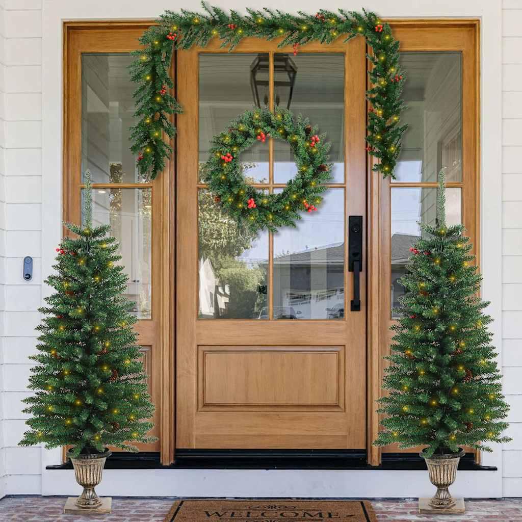 vidaXL Artificial Christmas Trees 2 pcs with Wreath, Garland and LEDs image