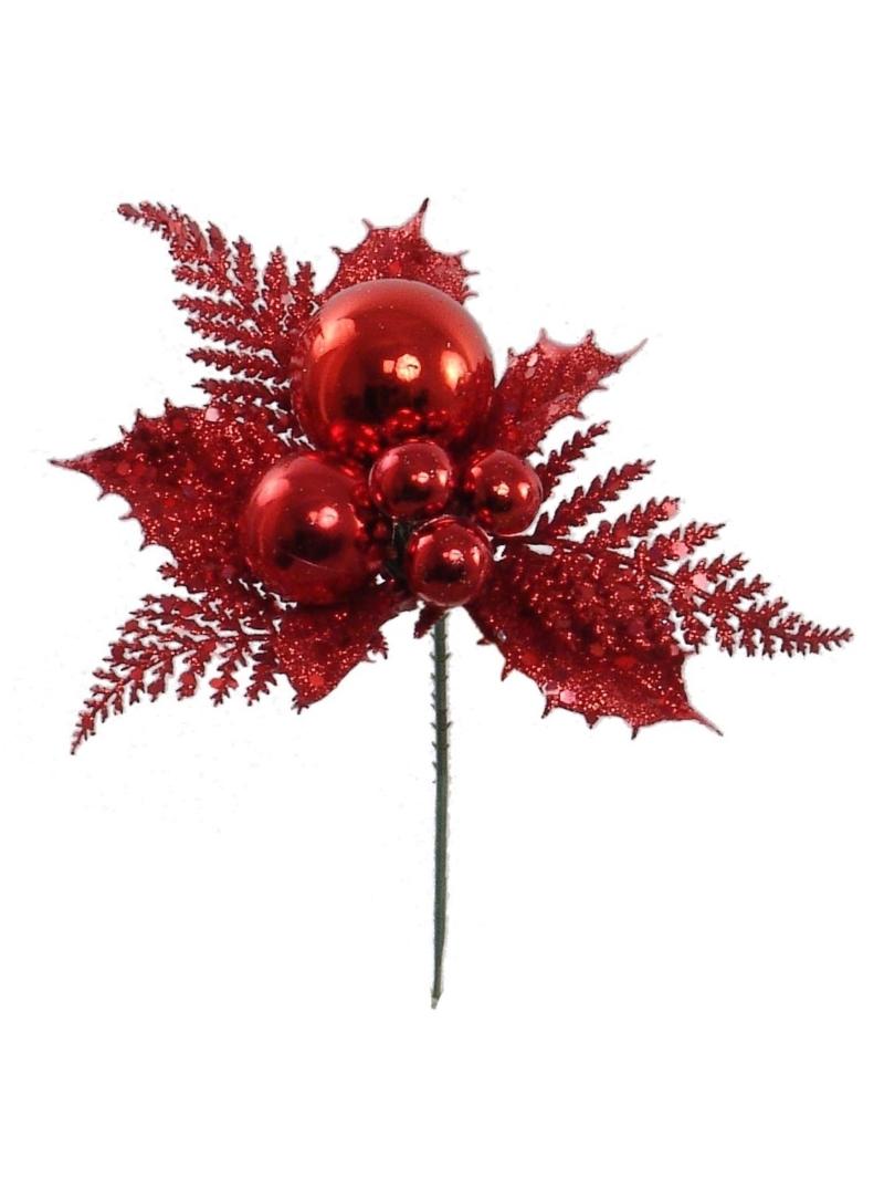 Red Glittered Wreath Pick With Holly Leaves, Cedar Sprigs and 5 Round Balls (Lot of 12 Picks) SALE ITEM image