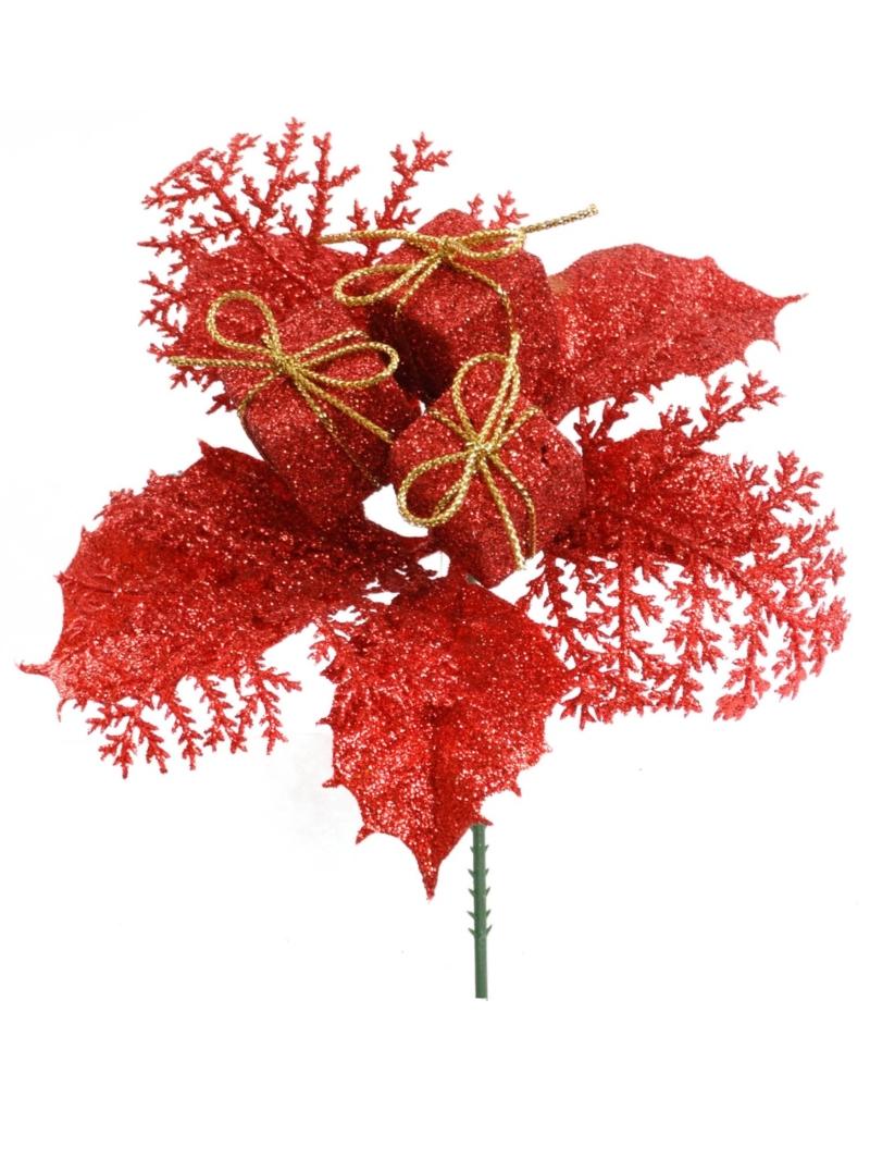 Red Glittered Wreath Pick With Holly and Cedar (Lot of 12 Picks) SALE ITEM image