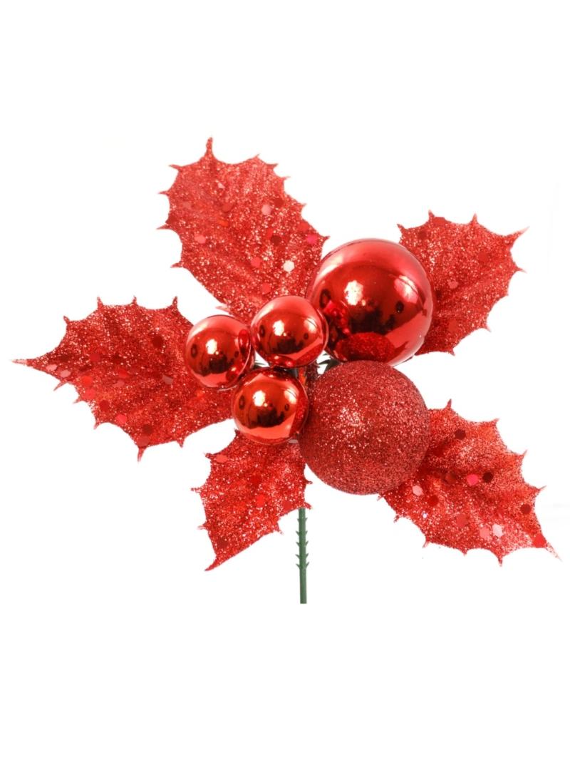 Red Glittered Wreath Pick with 5 Holly Leaves and 3 balls of various sizes. (Lot of 12 Picks) SALE ITEM image