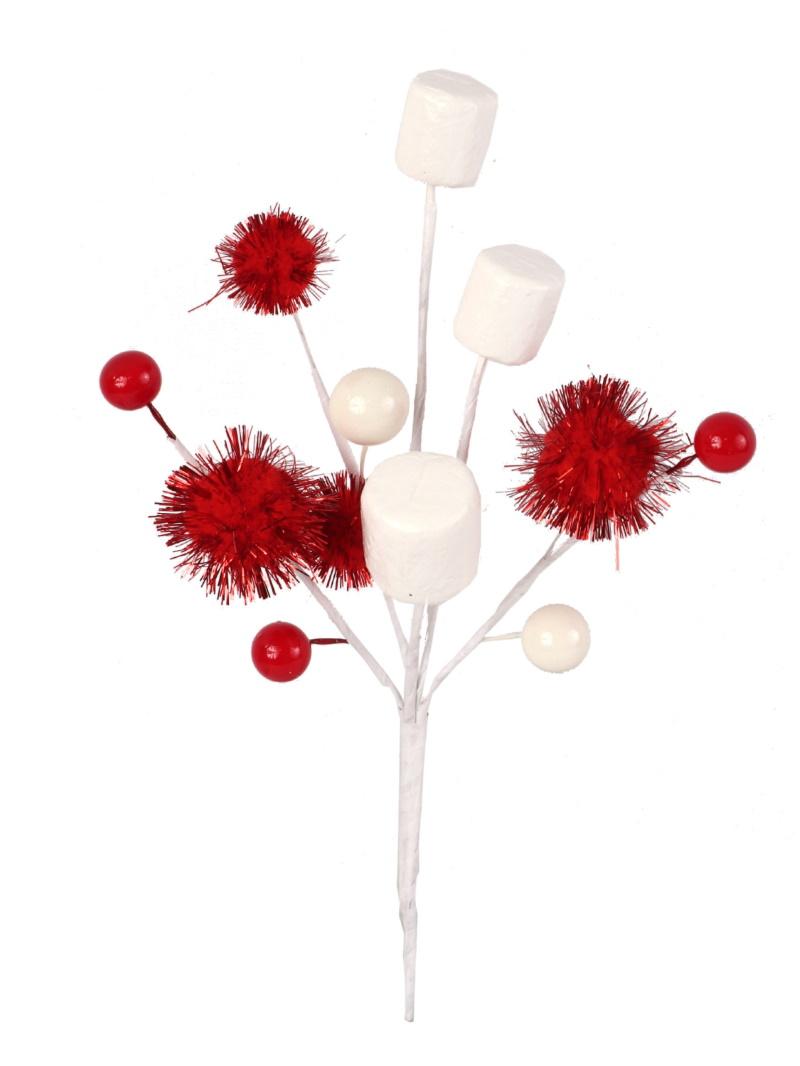 Christmas Marshmallow, Pom Pom And Berry Pick, 8.5 Inch (Lot Of 4 Picks) SALE ITEM image