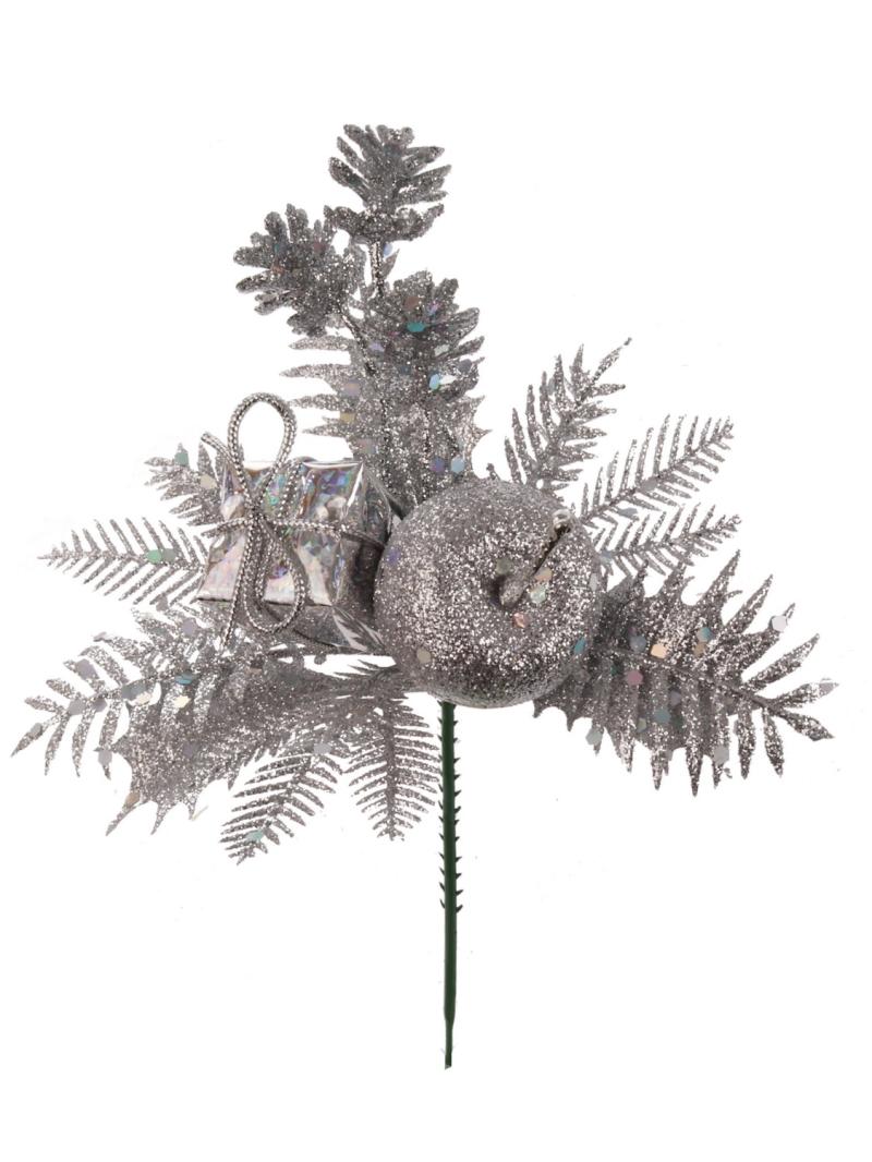 Silver Glittered Wreath Pick With Holly, Fern Leaves, Apple, Package And Pinecones . (Lot of 12 Picks) SALE ITEM image