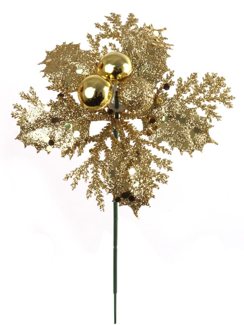 Gold Glittered Wreath Pick With Berries, Holly Leaves, and Cedar. (Lot of 12 Picks) SALE ITEM image