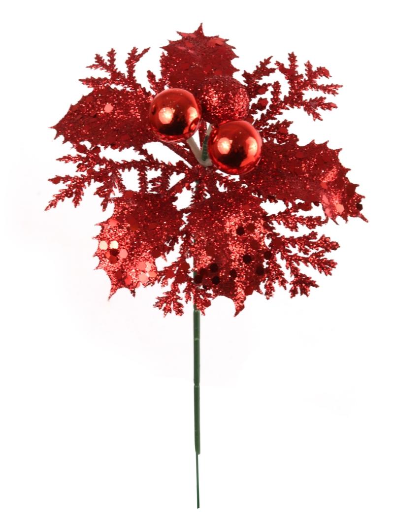 Red Glittered Wreath Pick With Berries, Holly Leaves, and Cedar. (Lot of 12 Picks) SALE ITEM image