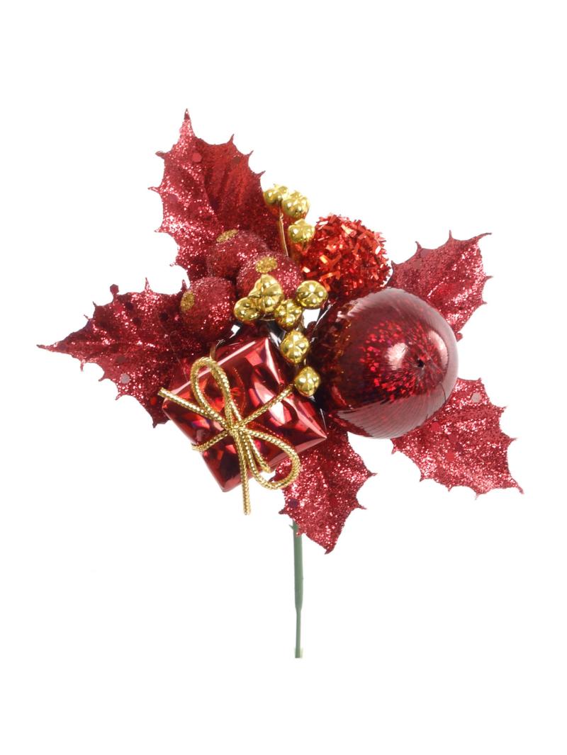 Red With Gold Glittered Wreath Pick With Holly, 5 Balls And A Package (Lot of 12 Picks) SALE ITEM image