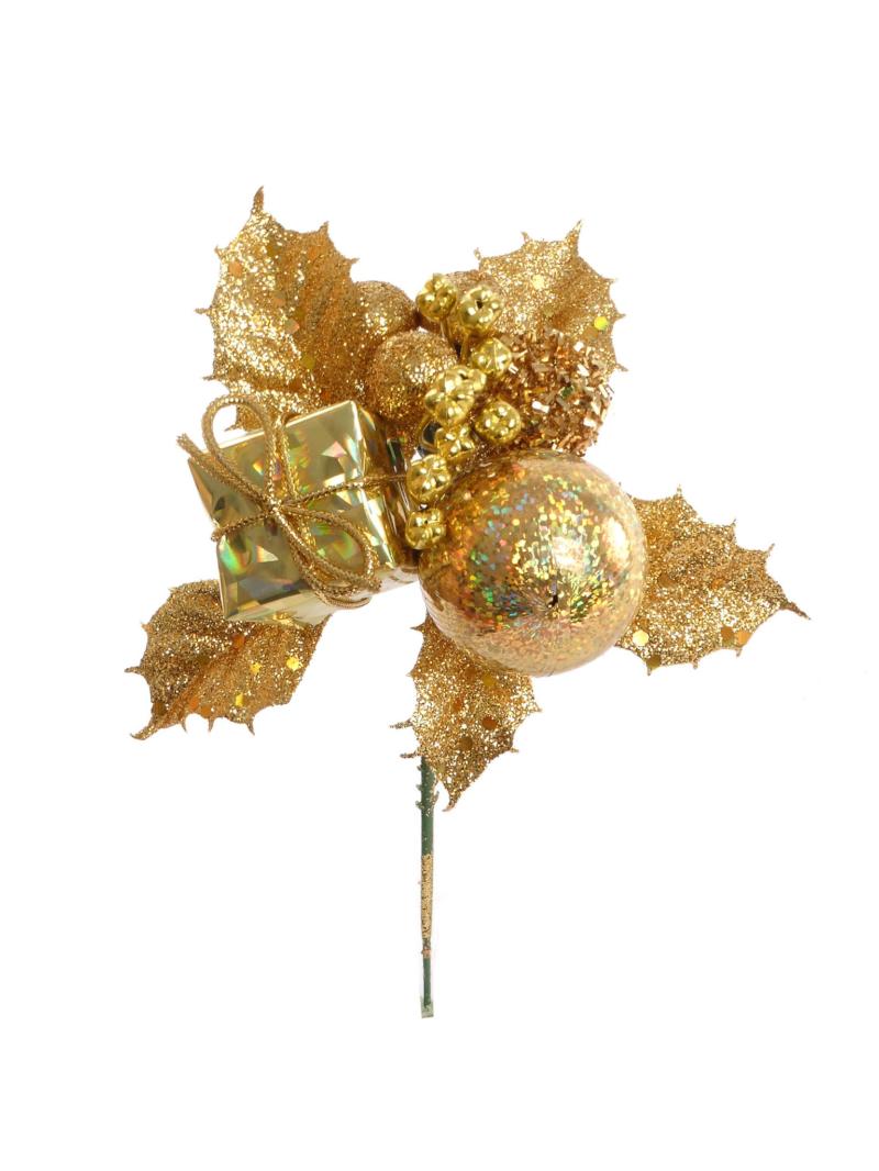 Gold Glittered Wreath Pick With Holly, 5 Balls And A Package (Lot of 12 Picks) SALE ITEM image