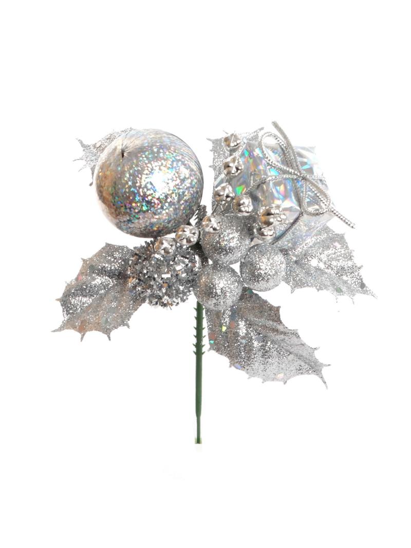 Silver Glittered Wreath Pick With Holly, 5 Balls And A Package (Lot of 12 Picks) SALE ITEM image
