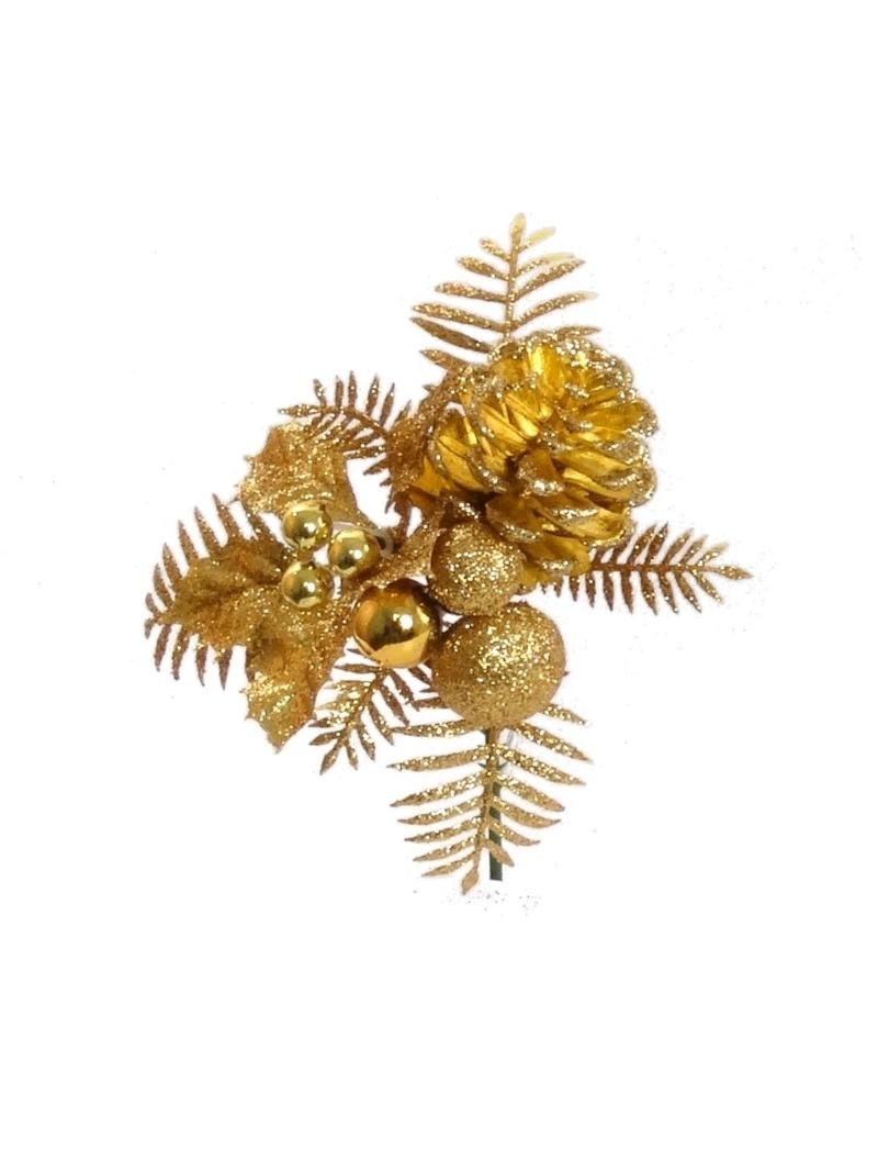 Gold Glittered Wreath Pick With Pine Cone and Holly Leaves (Lot of 12) SALE ITEM image