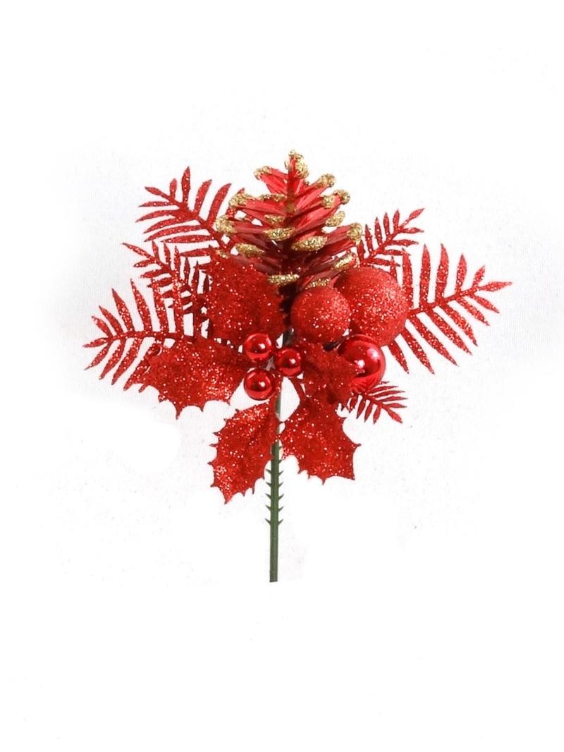 Red Glittered Wreath Pick With Pine Cone and Holly Leaves (Lot of 12) SALE ITEM image
