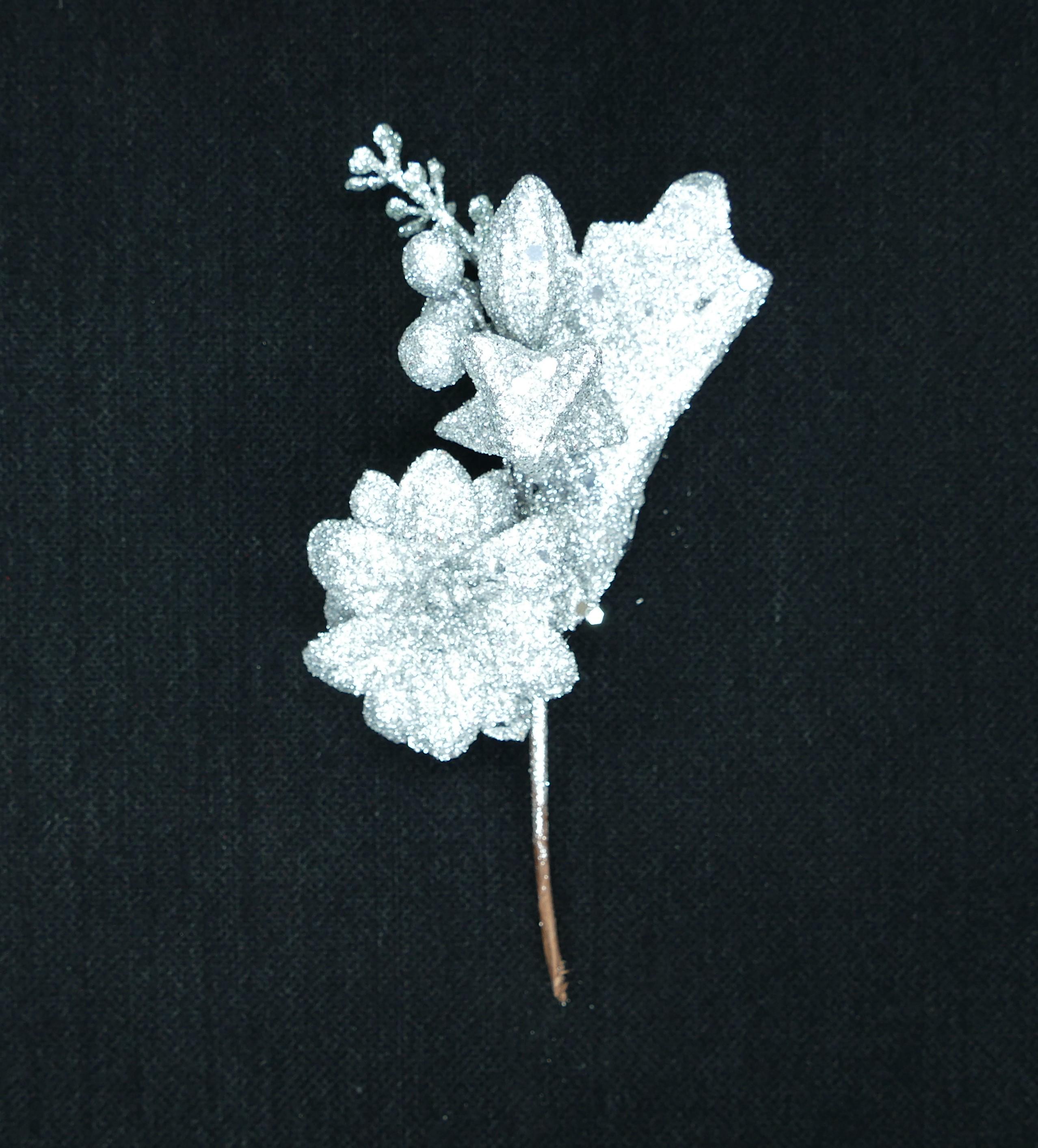 Silver Glittered Wreath Pick with Leaves, Poinsettia, Fruit and Berries (lot of 1 Bag - 12 Picks Per Bag) SALE ITEM image