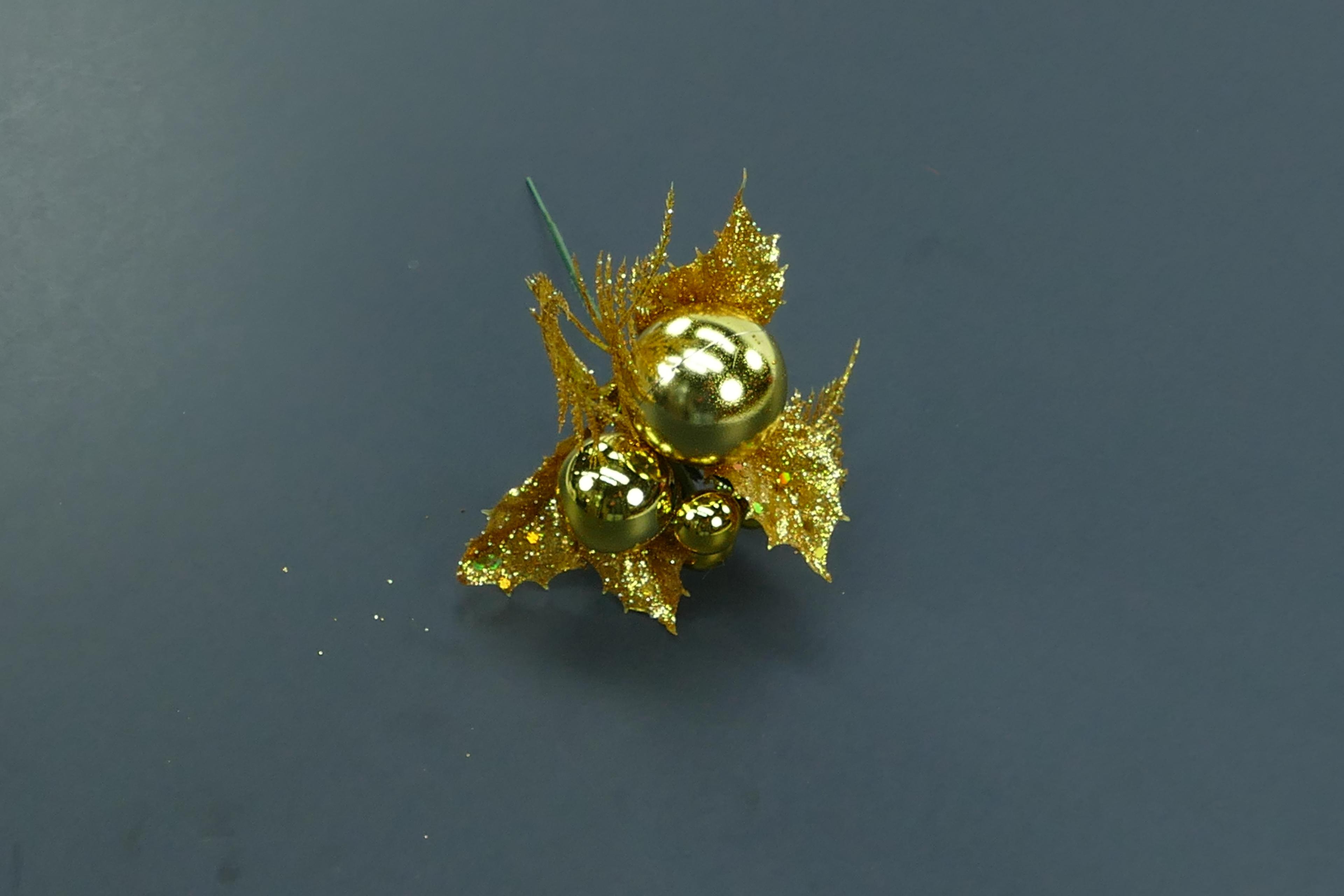 Gold Glittered Wreath Pick With Holly Leaves, Cedar Sprigs and 5 Round Balls (Lot of 12 Picks) SALE ITEM image