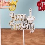 Happy Birthday With Candle and Cupcake Pick, Sign, Cake Topper - White With Gold (Lot of 12) SALE ITEM