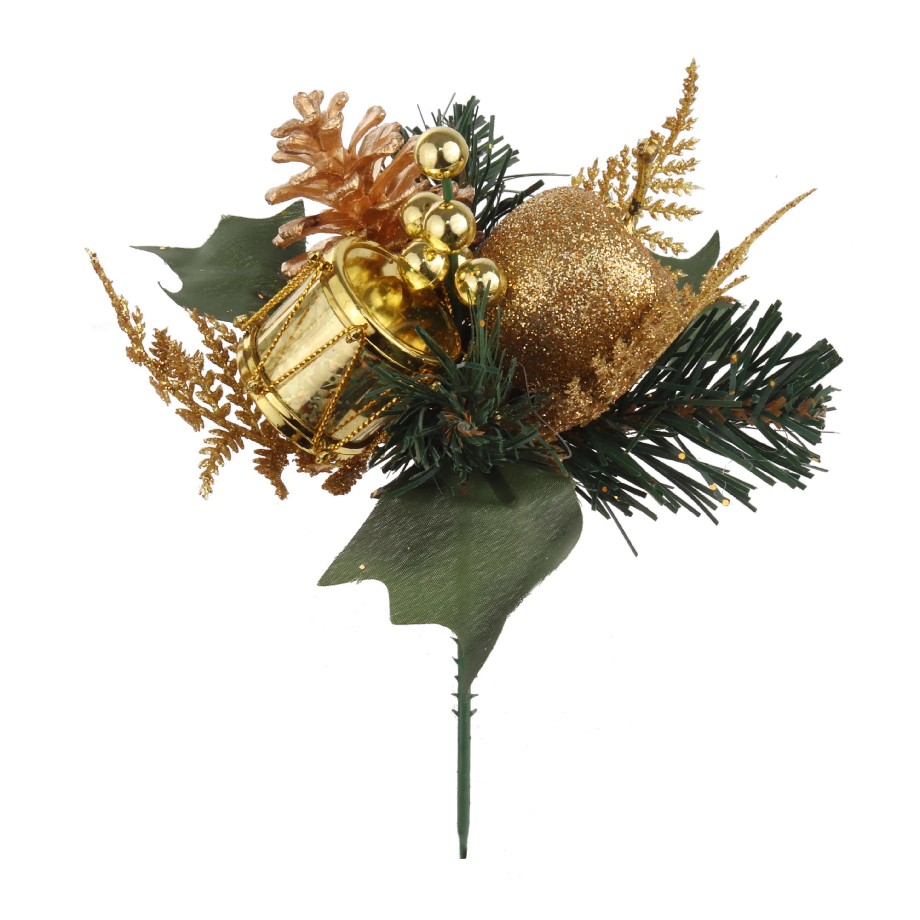 Gold Glittered Wreath Pick With Holly, Pine, Cedar, Apple, Drum, Pinecone and Berries (Lot of 12 Picks) SALE ITEM image
