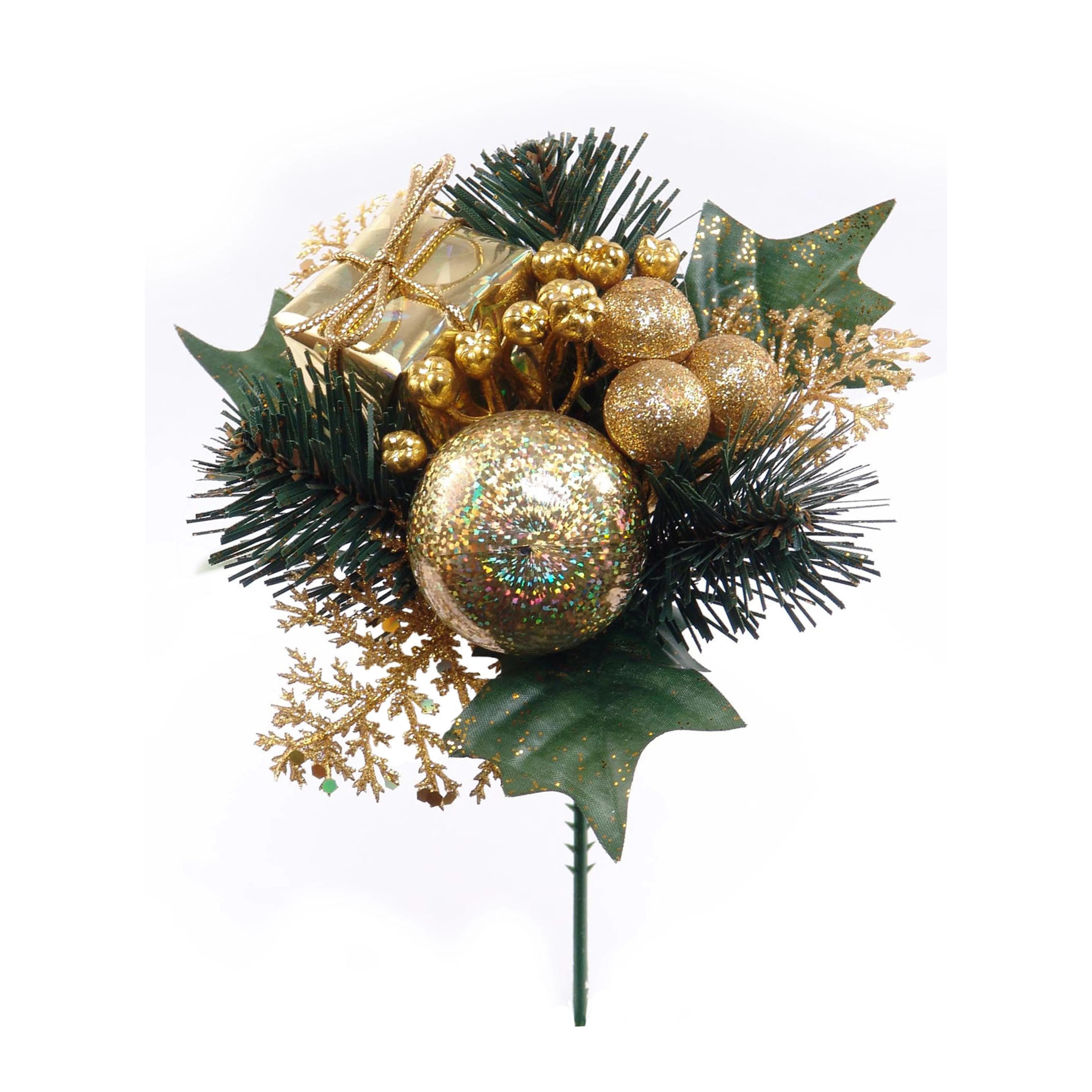 Gold Glittered Wreath Pick With Holly, Pine, A Package, Balls, Cyprus and Nuts (Lot of 12 Picks) SALE ITEM image
