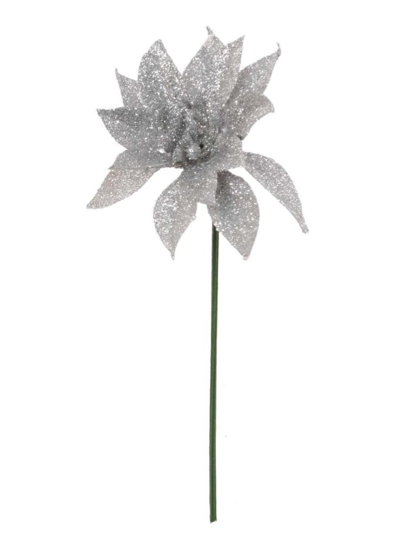 Silver Glittered Poinsettia Pick (lot of 12) SALE ITEM image