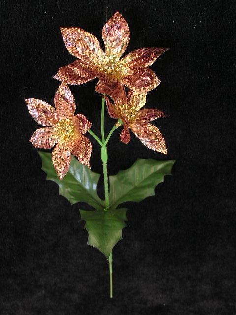 Poinsettia Pick with 3 Blooms, Metallic Bronze, Christmas Artificial Silk Flower (lot of 72) Clearance image
