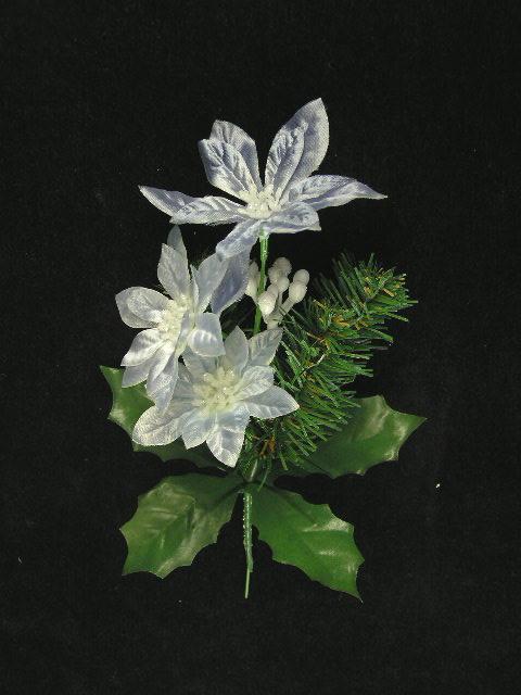 Poinsettia and Pine Christmas Pick With 3 Blooms, Blue Satin, Artificial Silk Flower (lot of 12) Clearance image