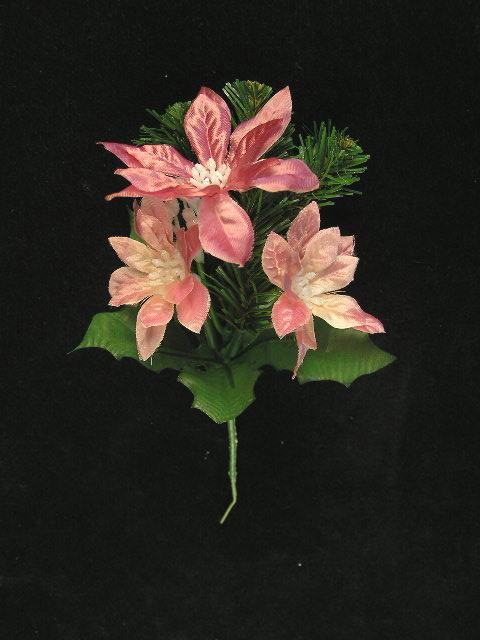 Poinsettia and Pine Christmas Pick With 3 Blooms, Mauve Satin, Artificial Silk Flower (lot of 12) Clearance image