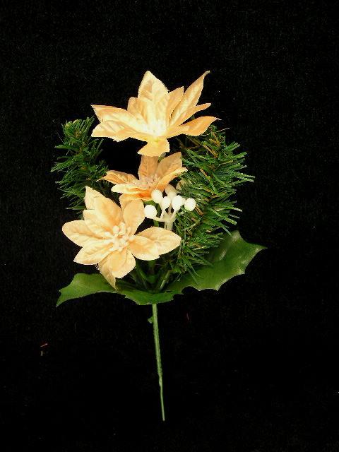 Poinsettia and Pine Christmas Pick With 3 Blooms, Peach Satin, Artificial Silk Flower (lot of 12) Clearance image