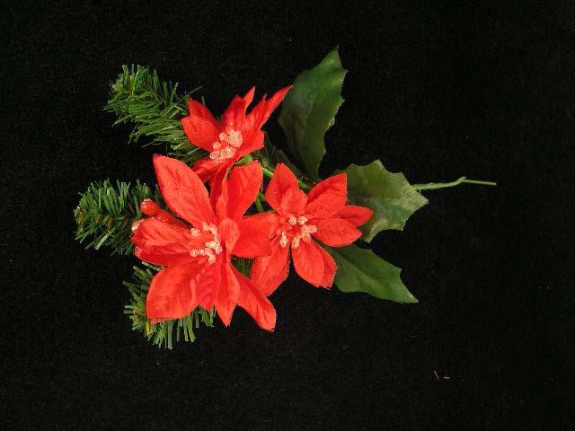 Poinsettia and Pine Christmas Pick With 3 Blooms, Red Satin, Artificial Silk Flower (lot of 12) Clearance image