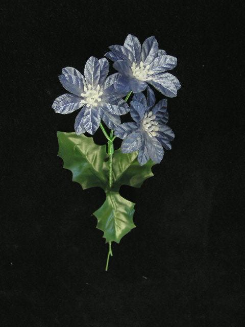 Poinsettia Pick with 3 Blooms, Blue Satin, Christmas Artificial Silk Flower (lot of 72) Clearance image