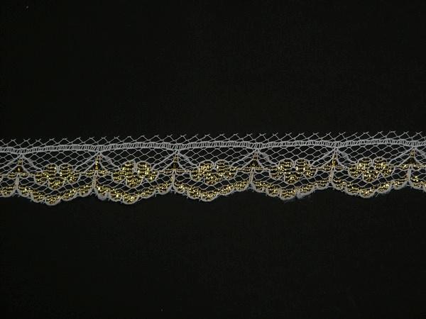 .75 Inch Flat Lace, White - Gold (650 Yards - FULL SPOOL) MADE IN USA image