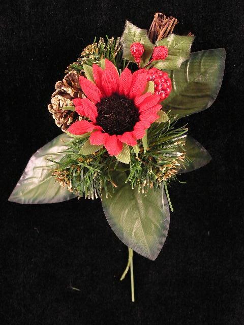Red Sunflower with Pine, Leaves and Berries Fall Christmas Wreath Pick (Lot of 12) Clearance image