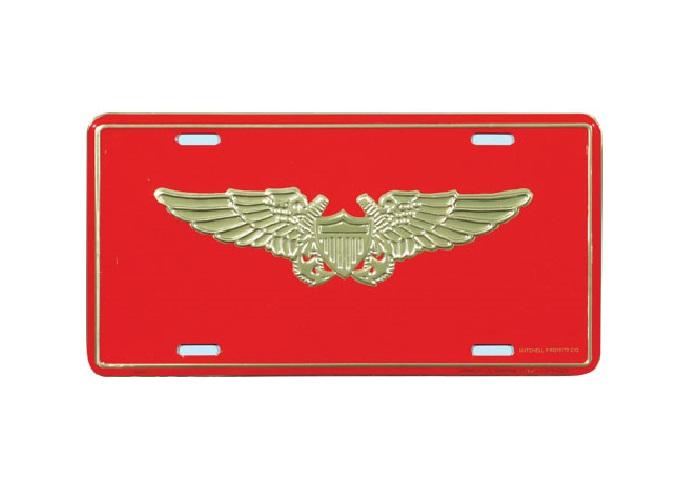 U.S. Marine Corps Flight Officer Wings Gold on Red Metal License Plate image