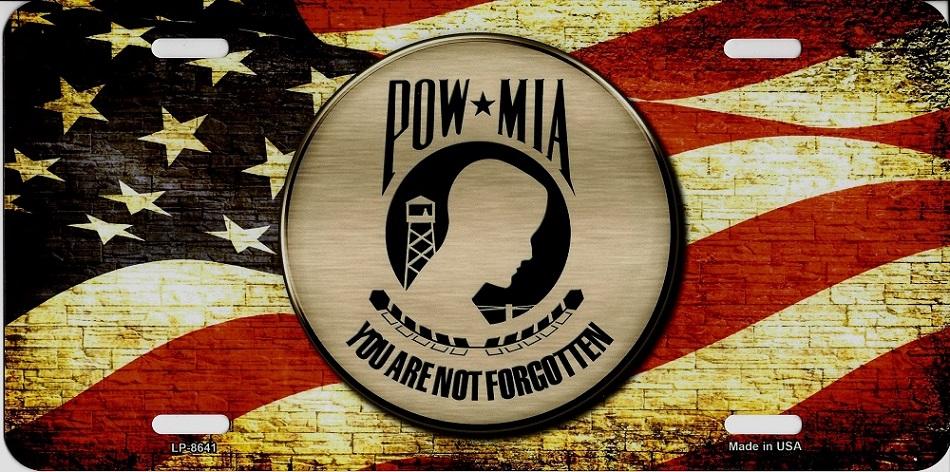 P.O.W. M.I.A. On U.S. Flag Metal License Plate image