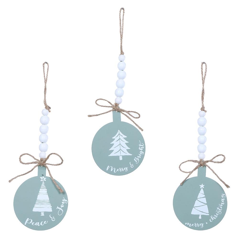 Christmas Wood Bead Flat Metal Hanging Ornament 3 Asst Green & White 3.8"x12"H image
